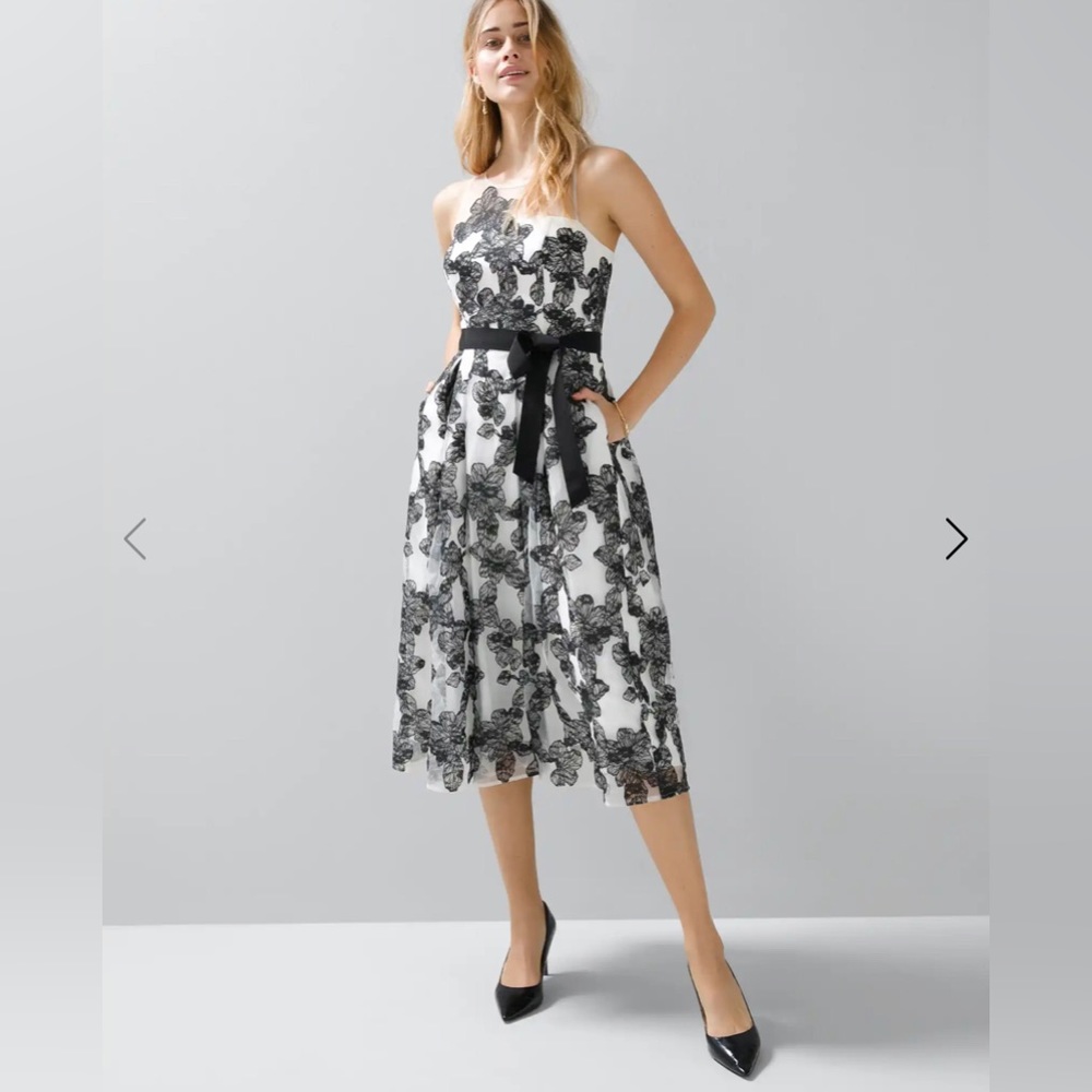 White House, Black market, embroidery floral, illusion dress.
